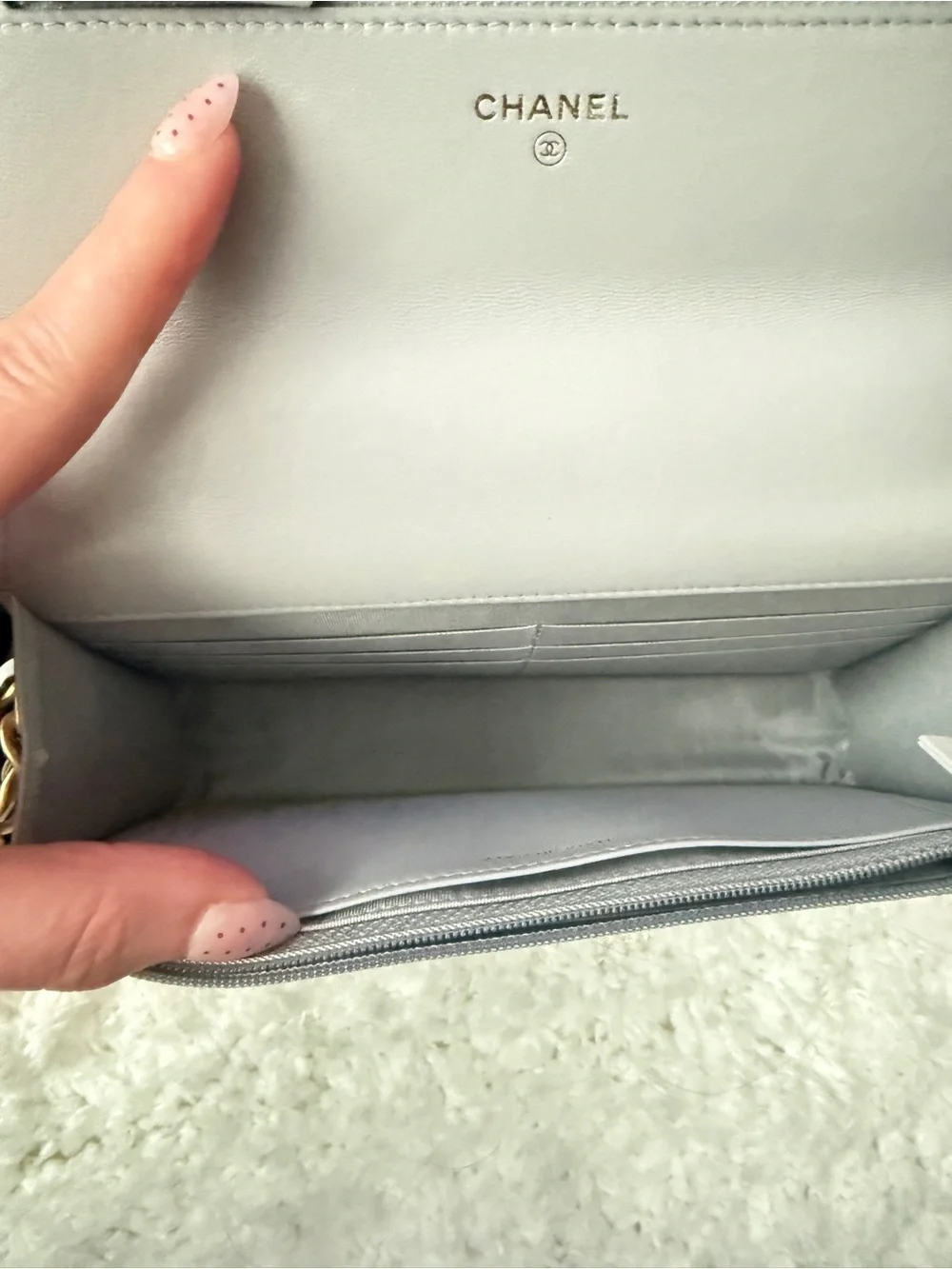 CHANEL Gray Quilted Leather Crossbody with Gold Chain